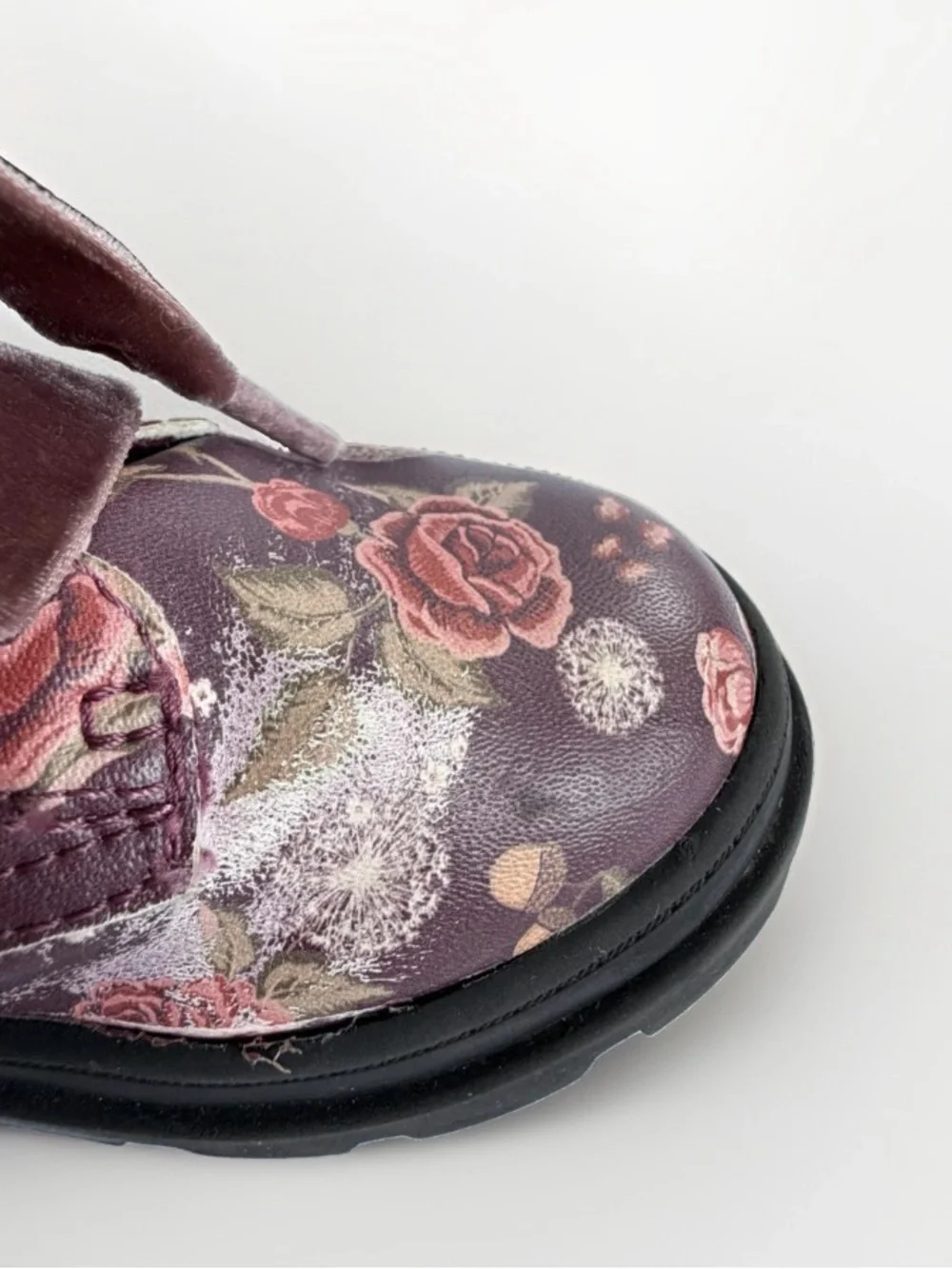H&M Toddler Girls Floral Combat Boots Sz 6.5 Velvet Ribbon Laces Lug Sole Zipper